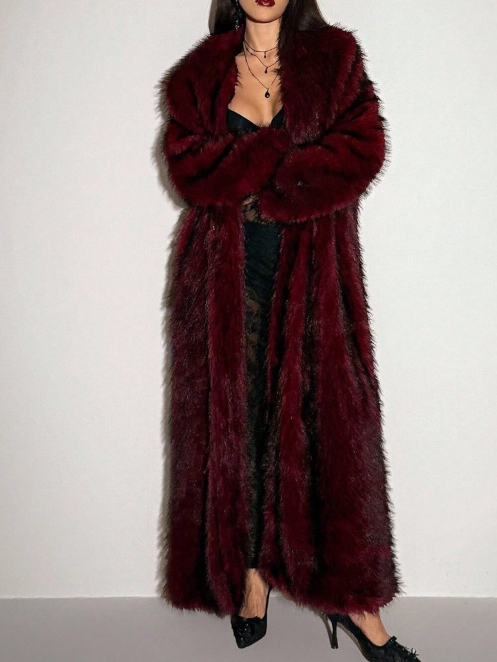Red Casual Women's Halloween Gothic Party Long Faux Fur Coat - Picture 3 of 7